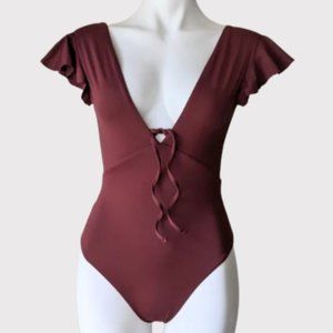 Eberjey So Solid Plunge Tie Front Ruffled 1-Piece Swimsuit S NWT